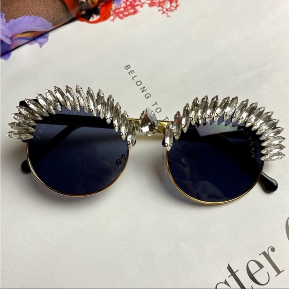 Hand Crafted Accessories - Sparkly Sunglasses Black Gold Crystal Gem Rhinestone Shades